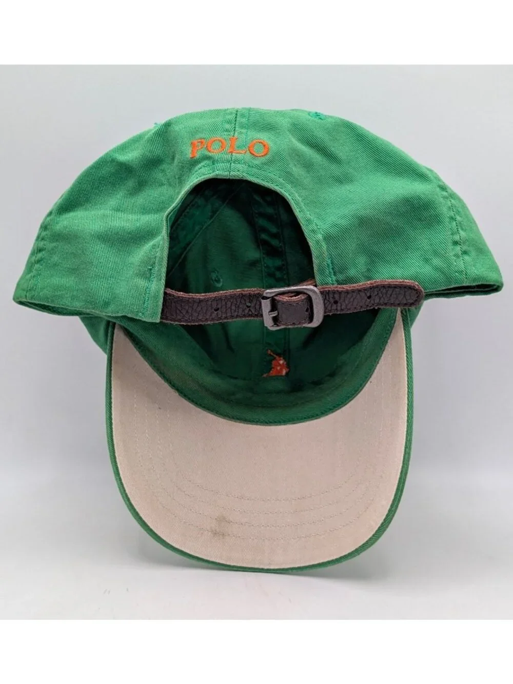 Vintage Polo Ralph Lauren Green Orange Pony Logo Leather Strap Back Hat Cap Y2K